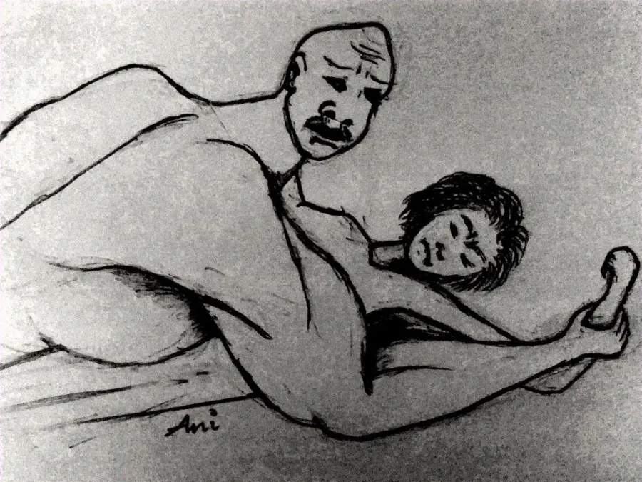 Illustrated sketch of a couple in a tender embrace
