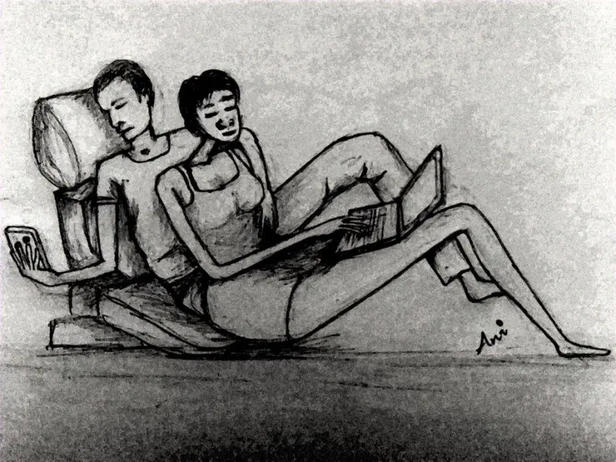 Illustrated sketch of a couple relaxing together at home